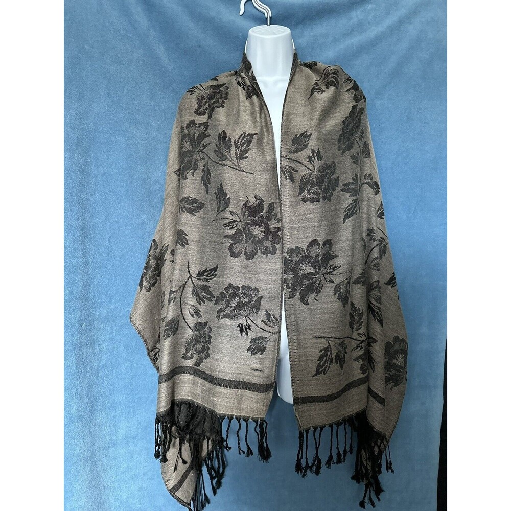 Womens Reversible Pashmina Scarf/ Shawl, Tan W/ Black Floral, Black Fringe